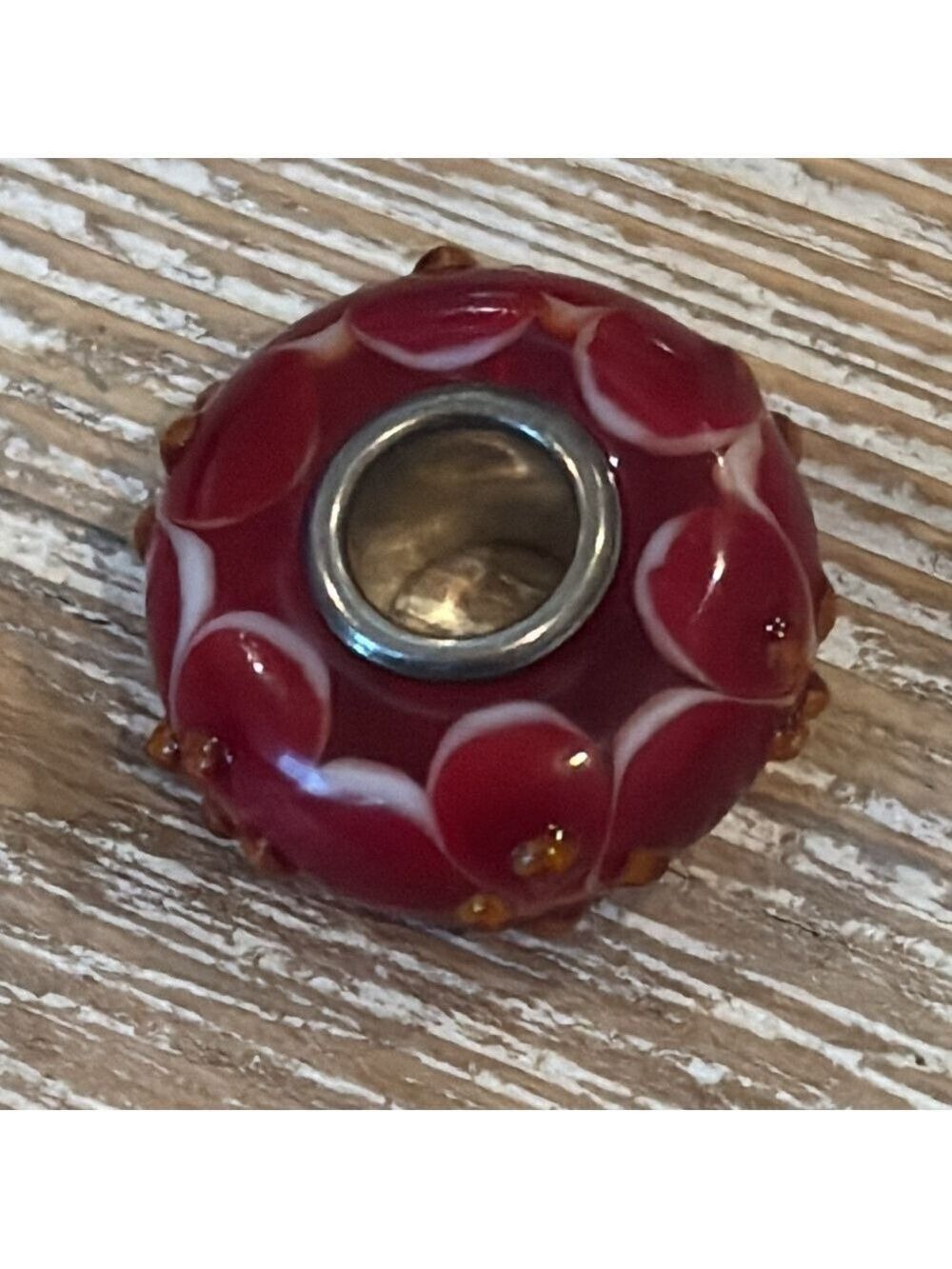 TROLLBEADS red glass bead white raised floral design sterling silver core